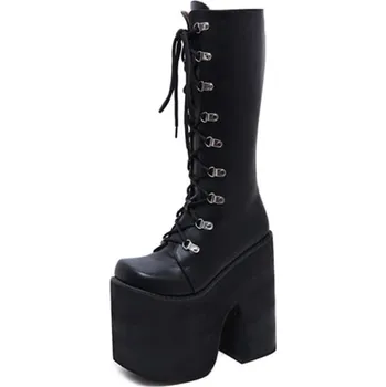 Dámské kozačky PU kožené kozačky na vysoké platformě s podpatkem GoodDayGirl Barva: Černá, Velikost: 39