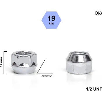 Matice na kolo Kolová matice 1/2 UNF kužel otevřená, klíč 19, D63, výška 17 mm