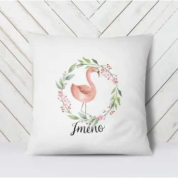 Dekorativní polštářek Domovi Bílý polštář s vlastním jménem Plameňák 40x40