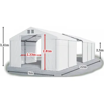 Zahradní stan Skladový stan 5x22x2,5m střecha PVC 560g/m2 boky PVC 500g/m2 konstrukce ZIMA PLUS Bílá Bílá Bílá