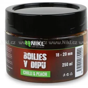 Boilies Nikl Boilies v Dipu 18+20mm 250g Hmotnost: 250g, Průměr: 18+20mm, Příchuť: Chilli & Peach