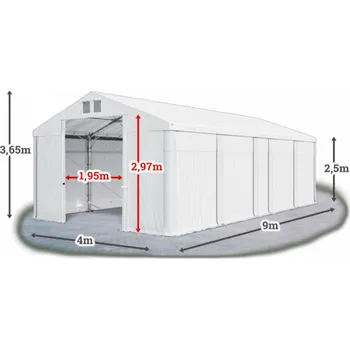 Zahradní stan Skladový stan 4x9x2,5m střecha PVC 580g/m2 boky PVC 500g/m2 konstrukce POLÁRNÍ Bílá Bílá Bílá