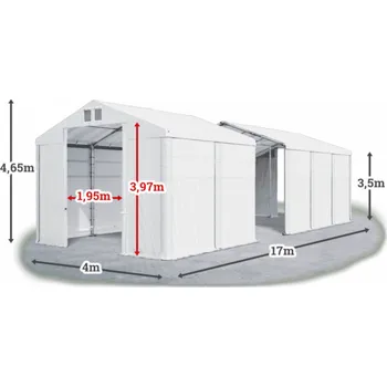 Zahradní stan Skladový stan 4x17x3,5m střecha PVC 580g/m2 boky PVC 500g/m2 konstrukce ZIMA Bílá Bílá Bílá