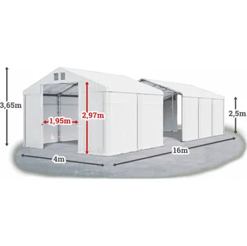 Zahradní stan Skladový stan 4x16x2,5m střecha PVC 620g/m2 boky PVC 620g/m2 konstrukce ZIMA Bílá Bílá Bílá