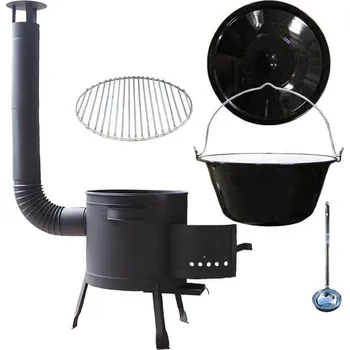 Kempingové nádobí Smaltovaný kotlík 20 L + Nerezový rošt 45 cm + nízká žáruvzdorná kotlina 42 cm PLUS 600 + nerezová poklice + naběračka