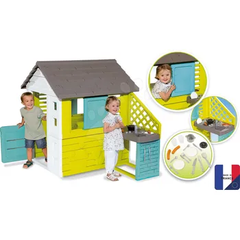 Hra na zahradu Domeček Pretty Blue Smoby s letní kuchyňkou a zasouvací okenicí od 24 měsíců