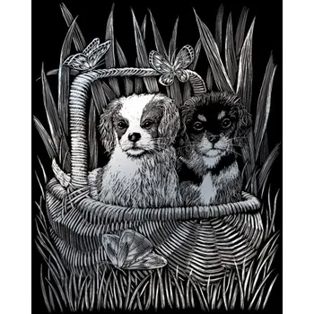 Puzzle Škrabací obrázek - Štěňata v košíku (stříbrná)