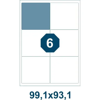 Speciální papír Samolepicí etikety, délka 99,1 mm, šířka 93,1 mm, 6 ks na archu A4, 100 listů/bal.