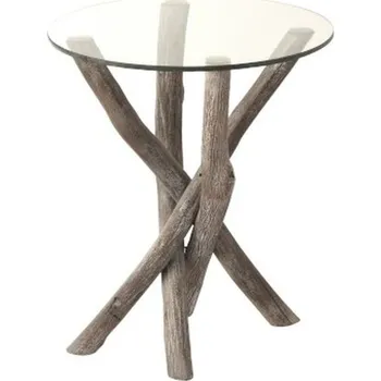 Konferenční stolek Odkládací kulatý dřevěný stůl se skleněnou deskou Branchy - Ø50*59 cm