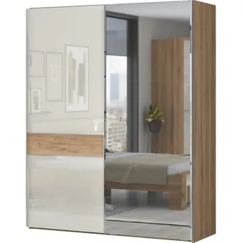 Šatní skříň Skříň posuvná 2D se zrcadlem Hagop-ořech pacifik/béžová - s osvětlením