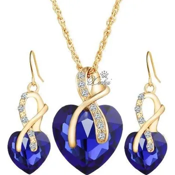 Souprava šperků Long Tiantian Set -Zdobený náhrdelník + náušnice ve tvaru srdce - Modrý