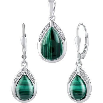 Souprava šperků Stříbrný set šperků s pravým Malachitem a Brilliance Zirconia - náušnice a přívěsek JST13327SMA