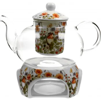 Filtrační konvice DUO Gifts DG - Skleněná konvice s ohřívačem na čajovou svíčku WILD BIRD, Ptáček v lučním kvítí v dárkové krabičce - 1000 ml