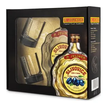 Pálenka R. Jelínek Rudolf Jelínek Slivovice budík + dvě skleničky GB 0.5l