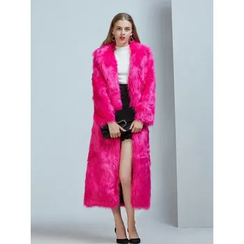 Dámský kabát Dlouhý kožich zimní kabát chlupatý Barva: Růžová, Velikost: S
