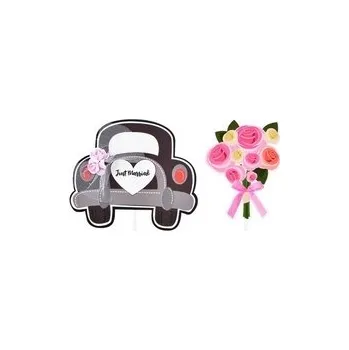 Svatební dekorace Zápich do dortu (papírový) - Svatební kytice + auto / 2 ks