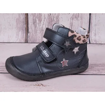 Dívčí polobotky D.D.step Celoroční kožené boty obuv BAREFOOT D. D. step A063-318 kotníkové kovově šedé antracitové s hvězdami a leopardím motivem velikost: 31