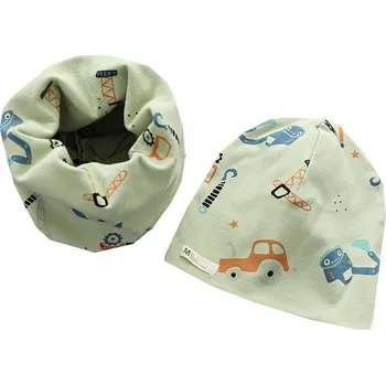 Čepice Set čepice a teplý krční límec - stavební stroje Barva: zelená, Velikost: M (3M-3Y)