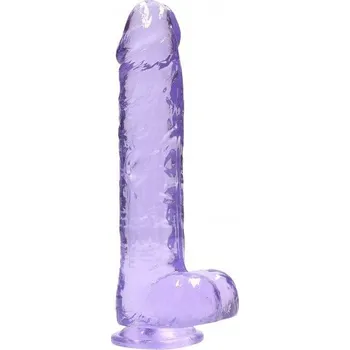 Anální kolík Gelové dildo RealRock Crystal Clear 10″ fialové, dildo s přísavkou a varlaty 27,5 x 5,3 cm