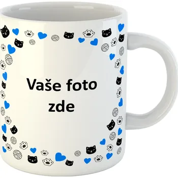 Hrneček s vlastní fotkou a kočičkami se srdíčky okolo - 330ml bílý Barva: Modrá