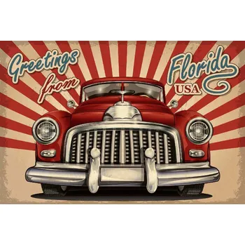 Fototapeta DIMEX | Vliesová fototapeta Cedule - Retro auto MS-5-2221 | 375 x 250 cm| modrá, červená, béžová, metalická + Vliesová fototapeta na stěnu DIMEX Cedule - Retro auto MS52221 v rozměru 375 x 250 cm + lepidlo zdarma