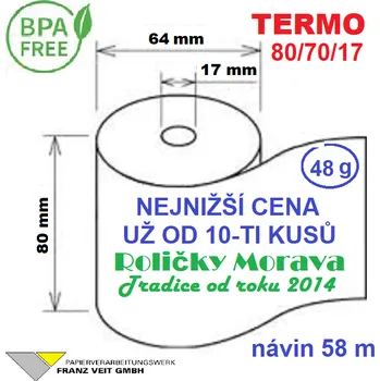 Kotouček do pokladny a tiskárny štítků Termo kotouček 80/70/17 BPA 58m (80mm x 58m) Množství: 1 ks kotoučku
