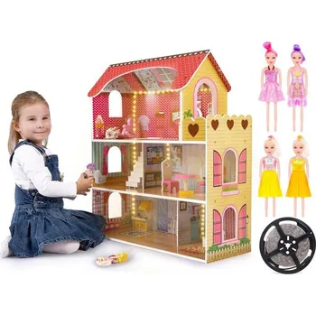 Domeček pro panenku Dřevěný domeček s LED osvětlením a nábytkem