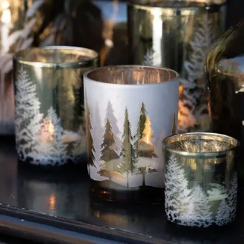 Svícen Zlato-bílý skleněný svícen se stromky vel.S - Ø 7*8cm