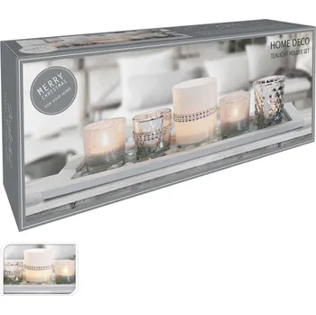 Svícen Svícen sklo 6ks set 190x70x90mm na dřevěném tácku, bílá stříbrná