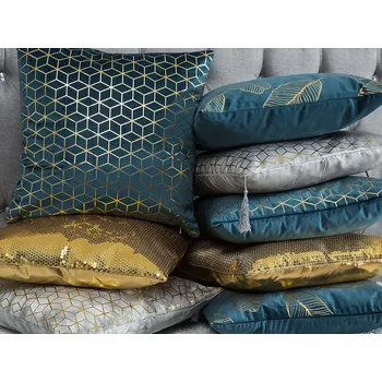 Dekorativní polštářek Sada 2 dekorativních polštářů, modré sametové zlaté listy, potisk 45 x 45 cm s dekorativní výplní Beliani