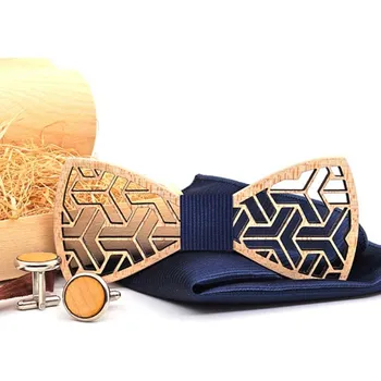 Dřevěný motýlek s kapesníčkem a manžetovými knoflíčky 709204