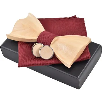 Dřevěný motýlek s kapesníčkem a manžetovými knoflíčky 709099