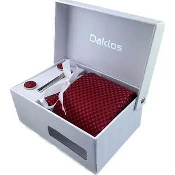 Kravata Luxusní set červený kostičkovaný - Kravata, kapesníček do saka, manžetové knoflíčky, kravatová spona v dárkovém balení