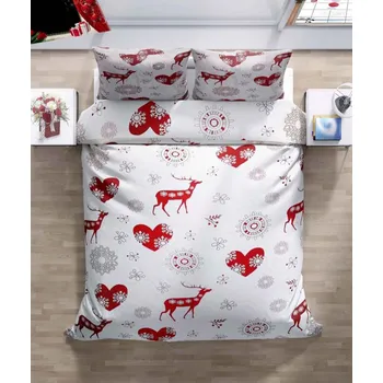 Povlečení Vánoční bavlněné povlečení se soby a srdíčky bílé/červené 140 x 200, 70 x 90 cm nitěné knoflíky