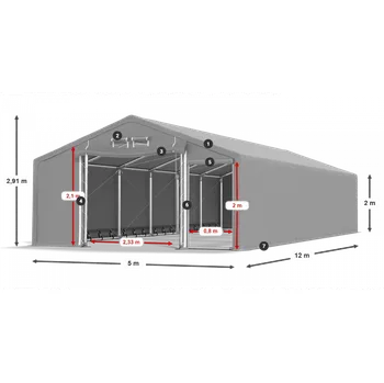 Zahradní stan Skladový stan celoroční 5x12x2m nehořlavá plachta PVC 600g/m2 konstrukce ZIMA PLUS