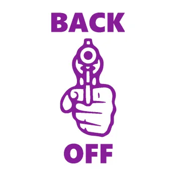 Polep vozidla SAMOLEPKA Back off pravá zbraň (14 - fialová) NA AUTO, NÁLEPKA, FÓLIE, POLEP, TUNING, VLASTNÍ TEXT, TISK, AUTOSAMOLEPKY.cz, POLEPY, OBRÁZEK, LOGO, SAMOLEPKY