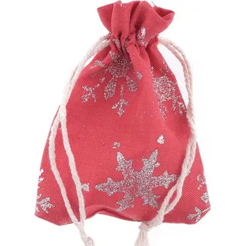 Vánoční dekorace Pytlík lněný stahovací 13x18cm, červený s vločkami