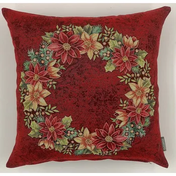 Dekorativní polštářek BYTEMA Vánoční gobelínový povlak VÁNOČNÍ RŮŽE - VĚNEC CESMÍNA ČERVENÝ 45 x 45 cm