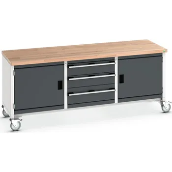 Dílenský stůl Průmyslový box Bott Cubio - 3 zásuvky, 2 skříňky Barva: Antracit, Pracovní deska: Červený buk