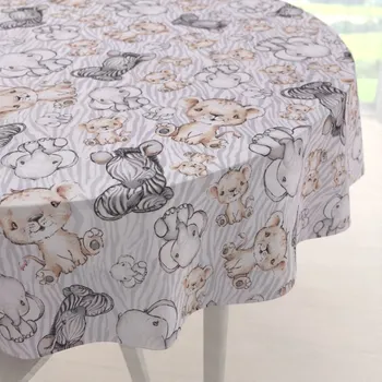 ubrus Dětský bavlněný kulatý ubrus Sandra SA-335 Africká zvířátka na šedém zebrovaném Ø 120 cm