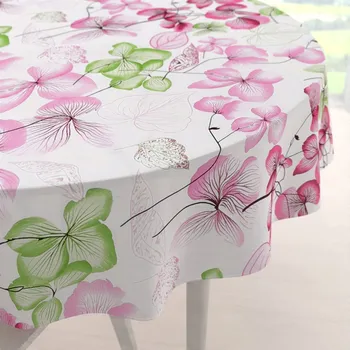 ubrus Bavlněný kulatý ubrus Sandra SA-366 Růžovo-zelené květy na bílém Ø 100 cm
