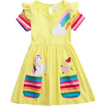 Dívčí šaty Unicorn (Jednorožci) Dívčí jednobarevné šaty s proužky Jednorožec (Unicorn) mix barev Barva: Žlutá, Velikost: 5-6
