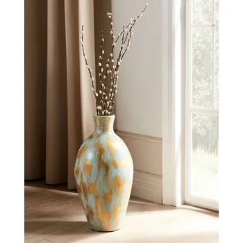 Váza Dekorativní váza na květy modrá a zlatá z terakoty 45 cm starožitný efekt přírodní design na sušené květy Beliani