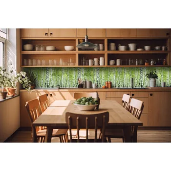 Fototapeta DIMEX | Fototapeta do kuchyně Jarní březový háj KI-420-193 | 420 x 60 cm | zelená, černá, bílá + Samolepicí fototapeta za kuchyňskou linku DIMEX Jarní březový háj v šíři 420 cm