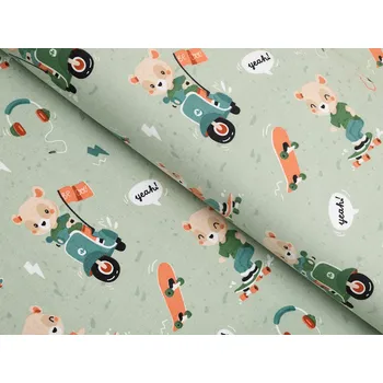 Dětská bavlněná látka/plátno Sandra SA-468 Méďové na motorkách na zeleném - šířka 160 cm