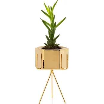 Květináč KERAMICKÝ KVĚTINÁČ SE STOJÁNEM SASHI 18X10 CM ZLATÁ