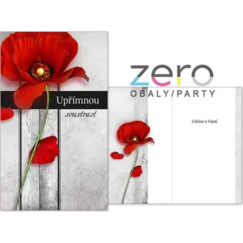 Přání s textem kondolence + obálka - makový květ červený