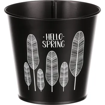 Stojan na květiny Obal kovový - kulatý s peříčky, barva černá