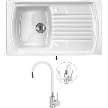 Kuchyňský dřez Keramický dřez SET Deante LUSITIANO ZCL 611N keramika bílá + Deante NEO LUNO BOC W720 nerez