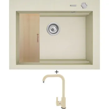 Granitový dřez Granitový dřez SET Pyramis SIROS (67x51,5) 1B vanilka + dřevěná krájecí deska + Pyramis SILVIO vanilka